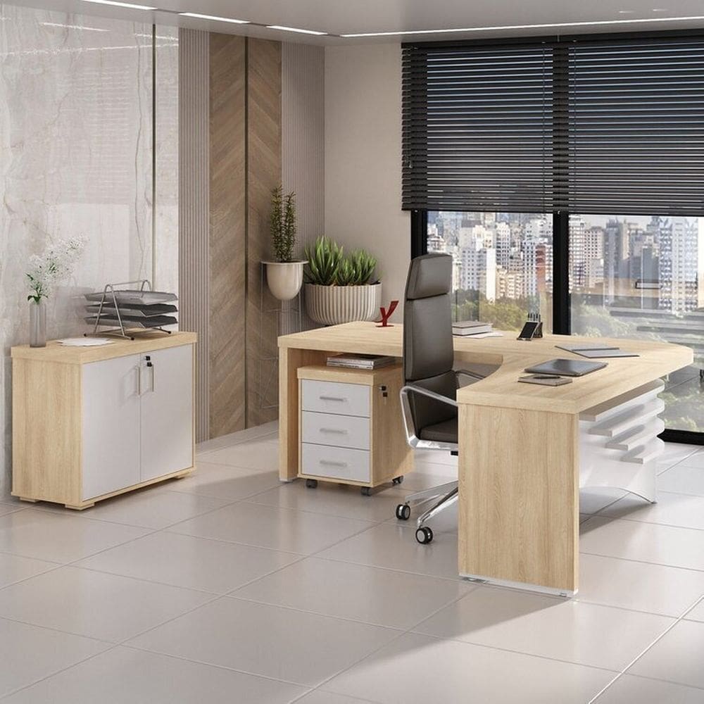 Kit 3 Peças com Mesa Tamburato Diretor em L para Escritório, Balcão 2 Portas e Gaveteiro Organizador Carvalho/Branco
