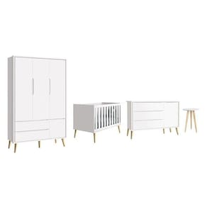 Dormitório Theo 3 Portas E Mesa De Canto Branco Com Pés Madeira Natural - Reller Móveis Branco