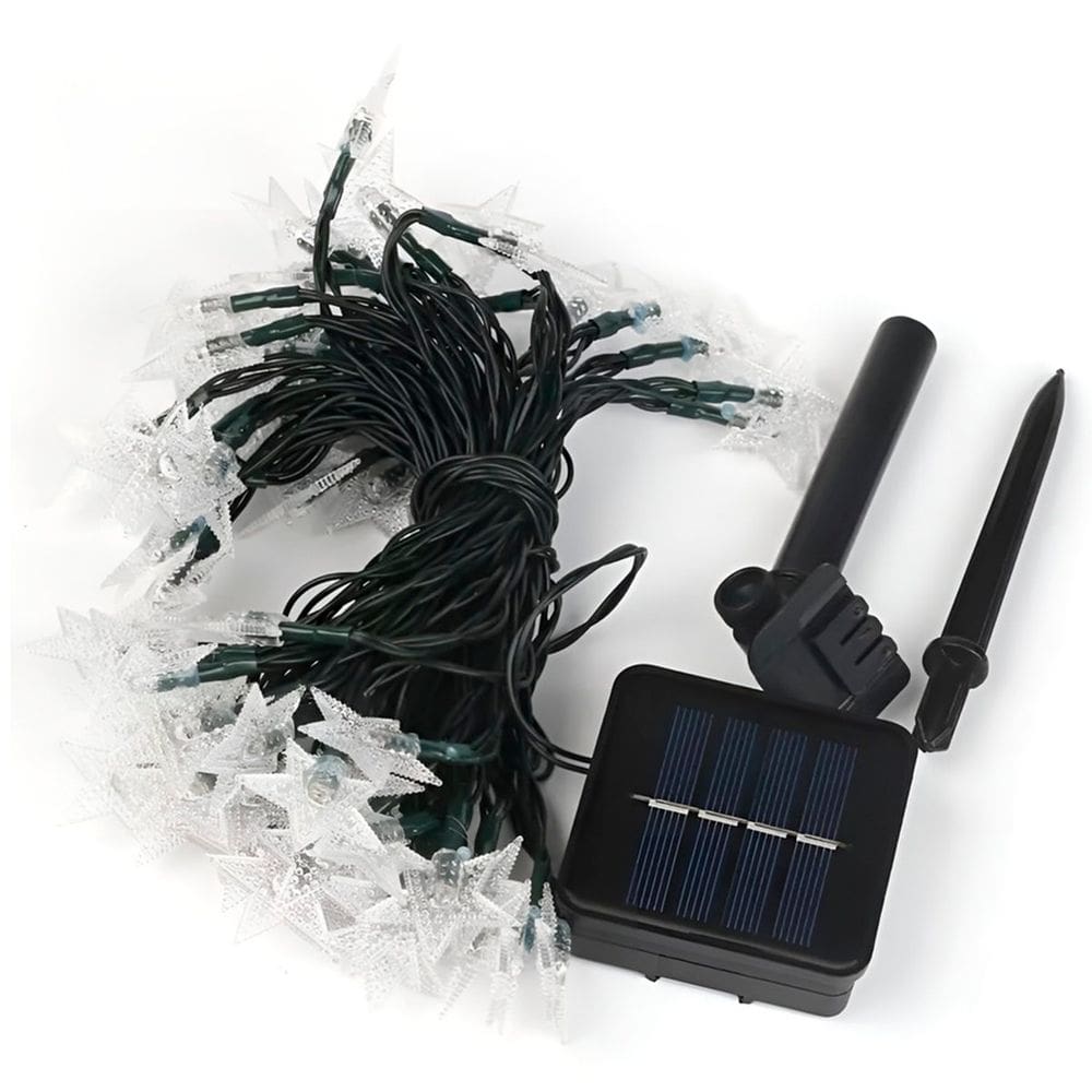 Cordão Solar LEDs Lâmpadas Luzes Estrelas Amarela Natal 5m