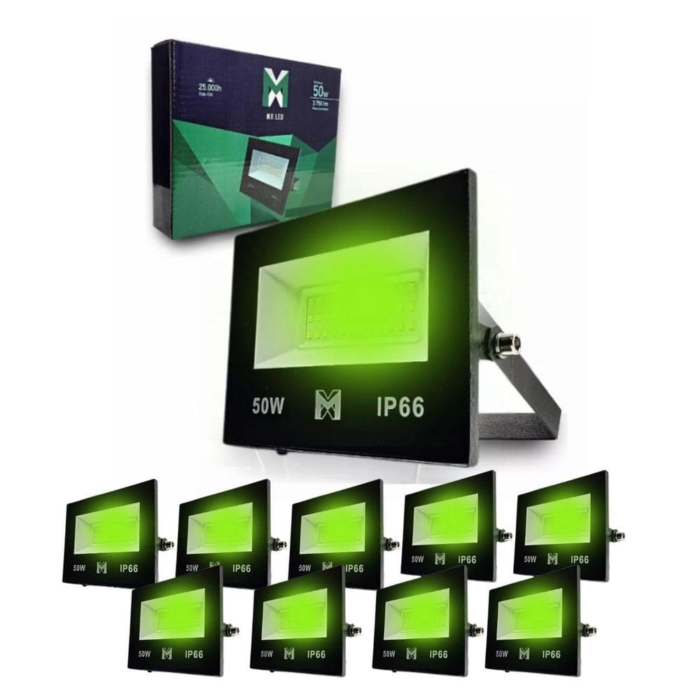 Kit 10 Refletores Holofote Led 50W Verde - Verde