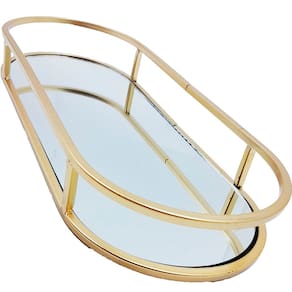Bandeja Oval Espelhada Metal Dourado Lavabo Multiuso 30x12cm