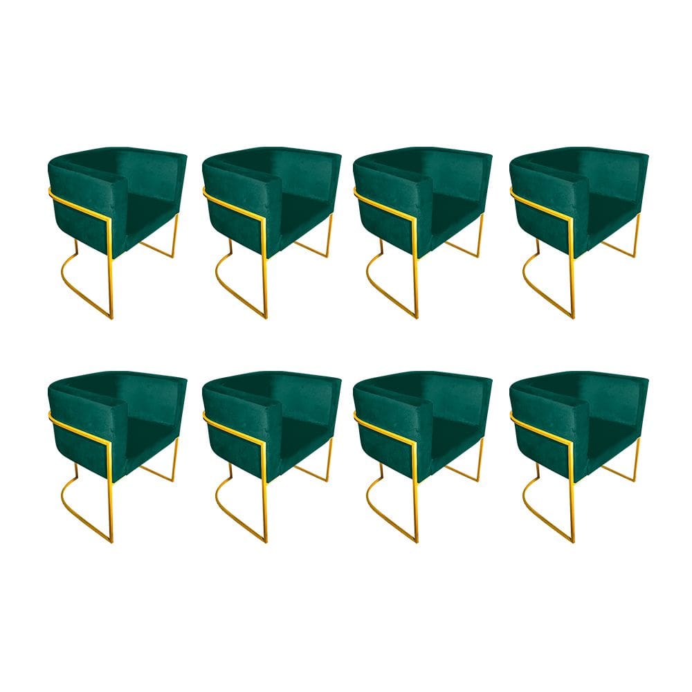 Kit 8 Cadeiras de Jantar Premium Base de Ferro Dourada Veludo Verde