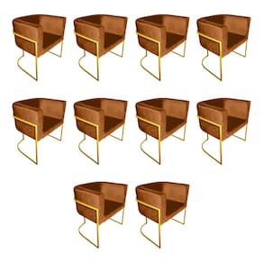 Kit 10 Cadeiras de Jantar Premium Base de Ferro Dourada Veludo Terracota