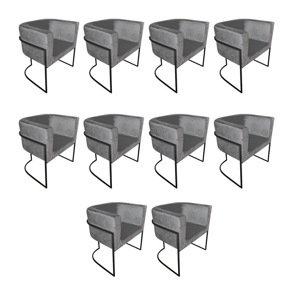 Kit 10 Cadeiras de Jantar Premium Base de Ferro Preta Veludo Cinza
