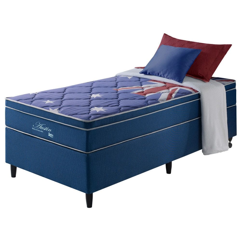 Cama Box Solteiro Azul + Colchão Molas Superlastic Austin 88x188x68cm