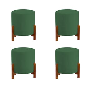Kit 4 Puff Banqueta Redonda Thor Estofado Linho Verde Pés em Madeira Maciça