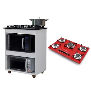 Kit Balcão para Cooktop Cozinha Kaiki Turim Branco com Fogão Cooktop 5 Bocas Tripla Chama Vermelho Chamalux