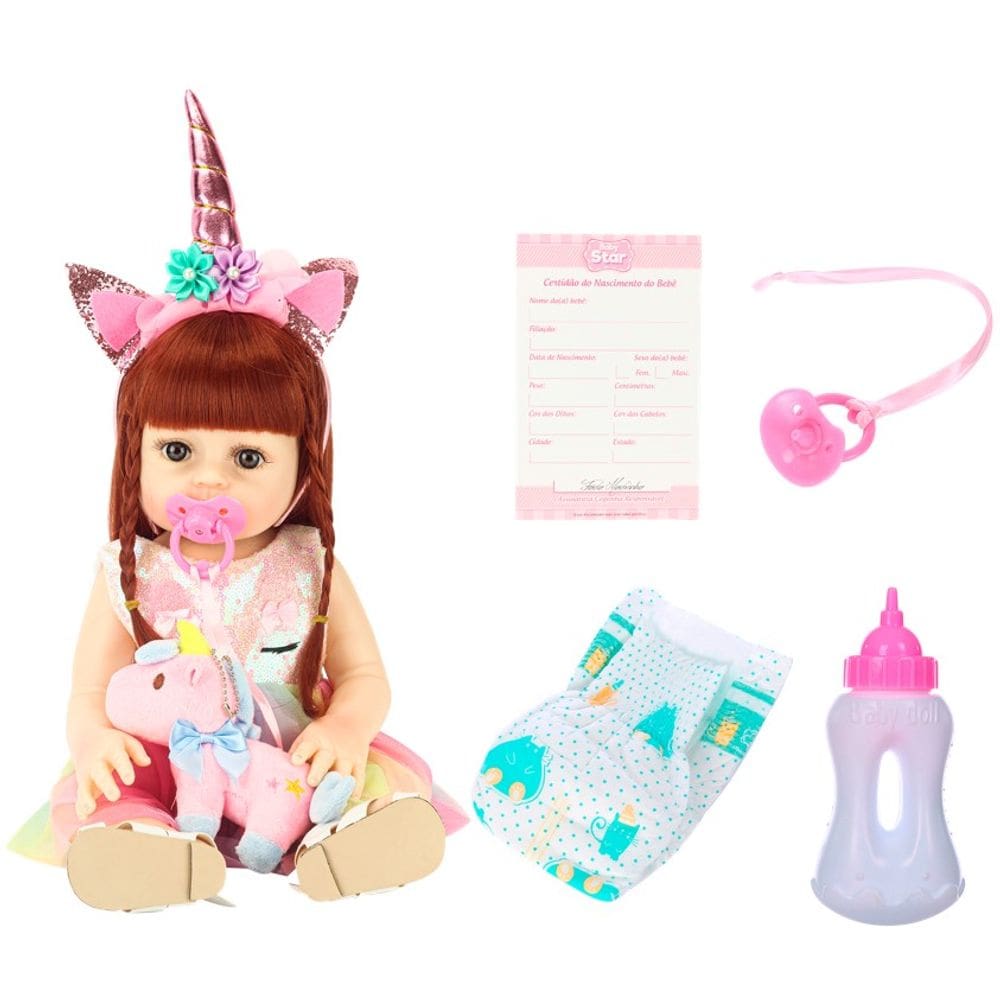 Boneca Bebê Reborn Ruiva Unicórnio com Acessórios Baby Star