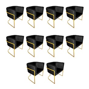 Kit 10 Cadeiras de Jantar Premium Base de Ferro Dourada Veludo Preto