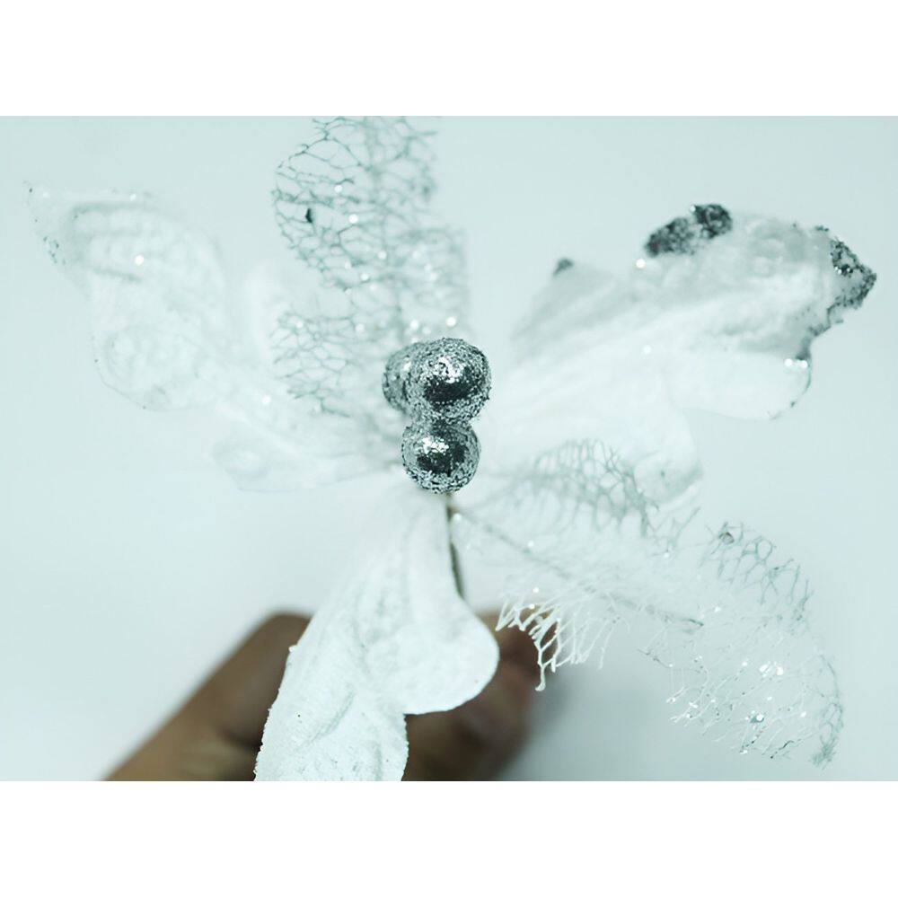 Kit 12 Flor Artificial Decoração Brilho Prata Glitter 15cm