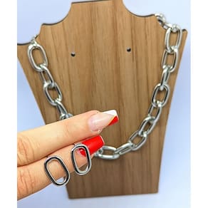 Kit Colar Choker e Brincos Feminino Corrente elos Grosso oval Folheado Ouro Par de Brinco Antialérgico Dourado Prata