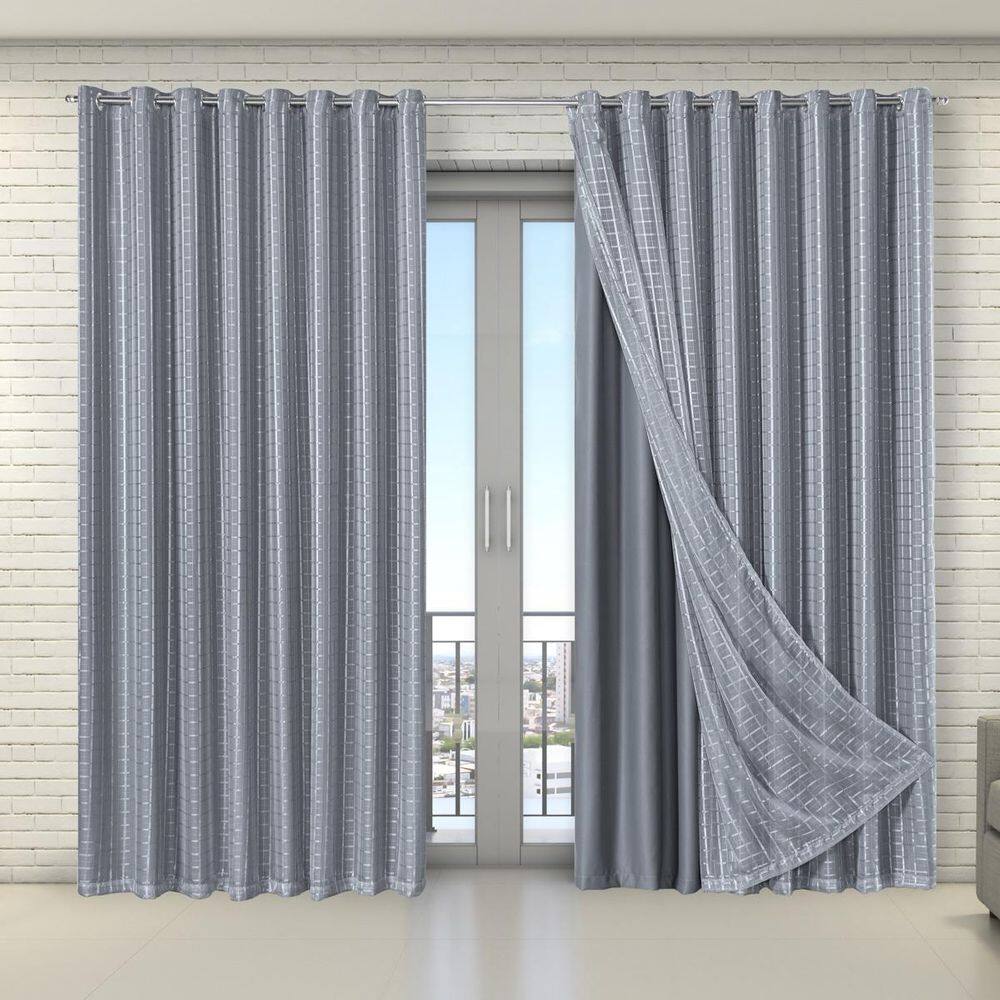 Cortina Tecido Blecaute Com Voil Xadrez 2,70M X 2,30M Cinza