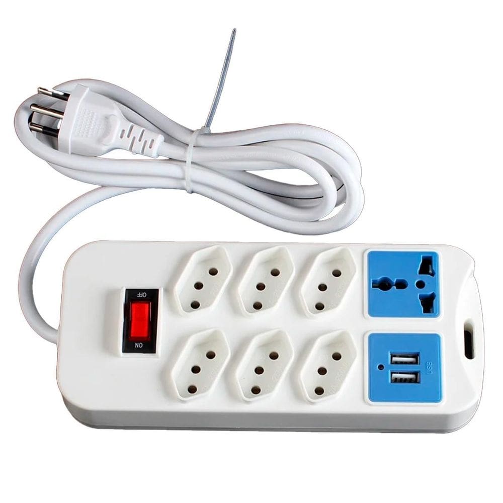 Régua De Energia 7 Tomadas 2 Usb Universal Branco