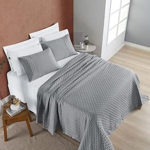Colcha Cama Queen 3 Peças Bordado 200 Fios Cinza Geada
