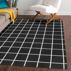 Tapete Jacquard Emborrachado 2,00M X 3,00M Sala Grid Preto