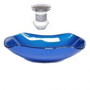 Cuba de Vidro Oval 47cm com Válvula e Torneira Azul
