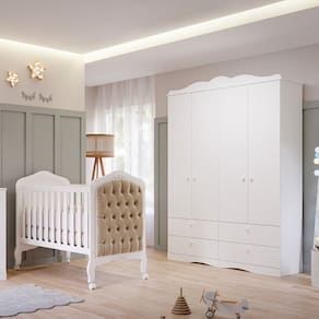 Quarto de Bebê 2 Peças com Berço Capitonê e Guarda-Roupa 4 Portas 4 Gavetas Aquarella Espresso Móveis Branco