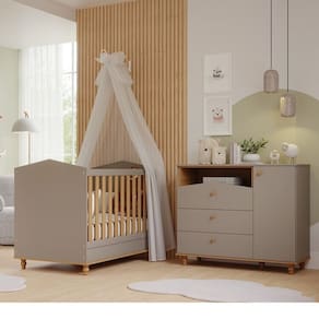 Quarto de Bebê Berço e Cômoda 3 Gavetas 1 Porta Happy Espresso Móveis Cinza/Marrom