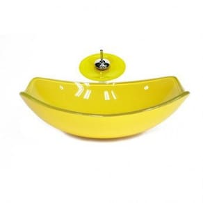 Cuba de Vidro Oval Chanfrada 51cm Ferrari com Válvula Clicke Torneira Metal Amarelo