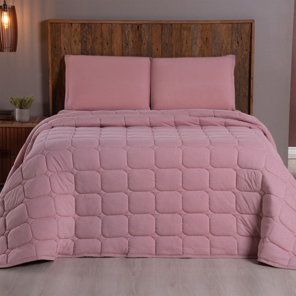 Kit Cobre Leito Colcha Livorno King Acolchoado Fofo Macio Malha 100% Algodão 3 Peças - Rosê