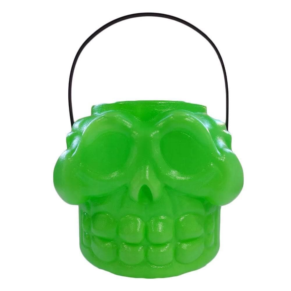 Balde Caveira Crânio Doces Alça Neon Verde 16Cm Halloween