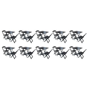 Kit 10 Jogos de Mesa Dobravel com 2 Cadeiras de Madeira 70x70 Ideal para Bar e Restaurante - Preto