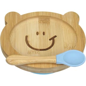 PRATO INFANTIL CRIANÇA BEBÊ COM COLHER E VENTOSA HOME&CO URSINHO BAMBU 3x16x13cm NATURAL