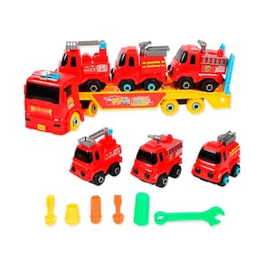 Carro Cegonha 3 Carrinhos Monta Desmonta Vermelho Bombeiros