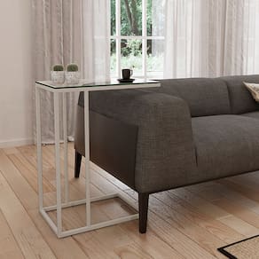 Mesa Lateral Industrial Elena de Vidro Base Ferro Off White