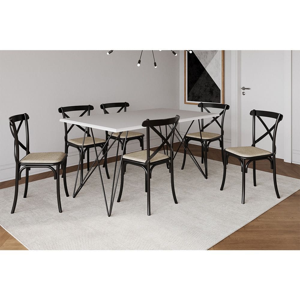 Mesa de Jantar Industrial com 6 Cadeiras Katrina Preto Trama Premium Branco 150 Cm