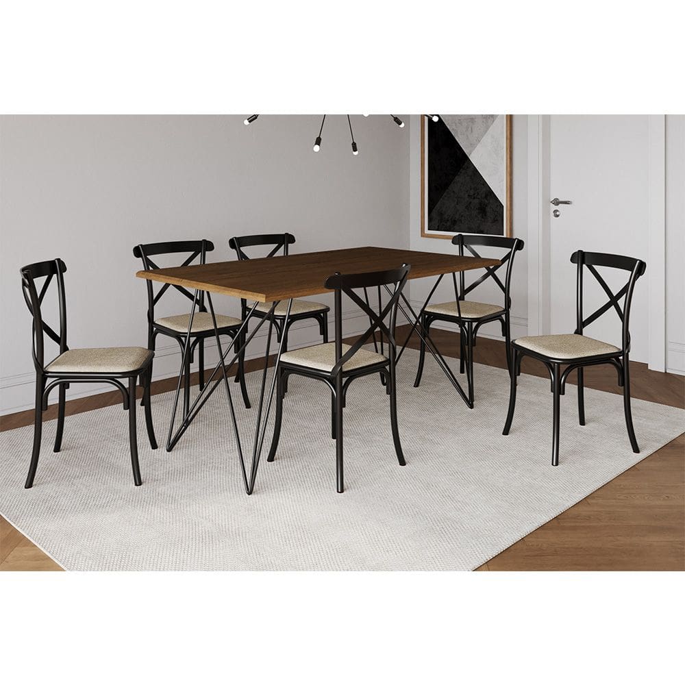 Mesa de Jantar Industrial com 6 Cadeiras Katrina Preto Trama Premium Amêndoa 150 Cm