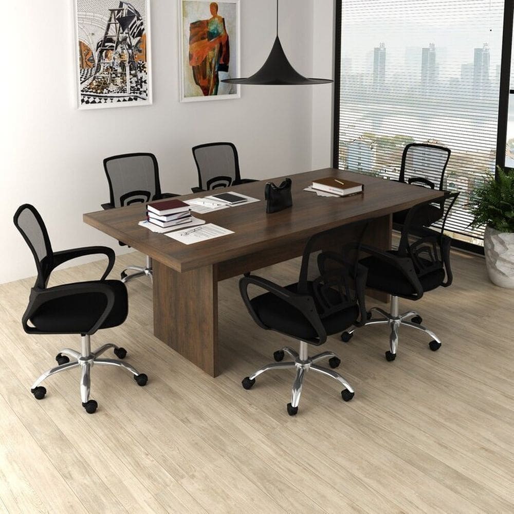 Kit 7 Peças com Uma Mesa de Reunião e 6 Cadeiras de Escritório Tela Mesh Espresso Móveis Rústico/Preto