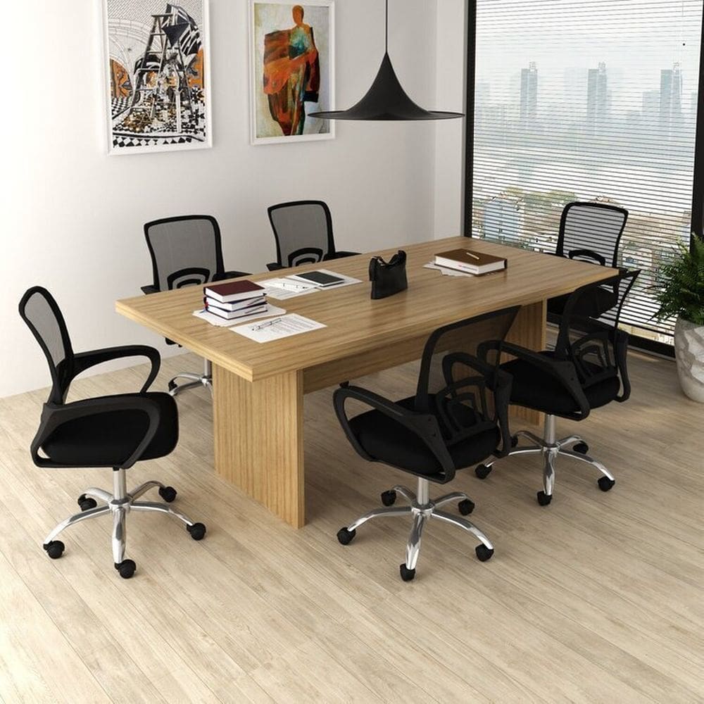 Kit 7 Peças com Uma Mesa de Reunião e 6 Cadeiras de Escritório Tela Mesh Espresso Móveis Amêndoa/Preto