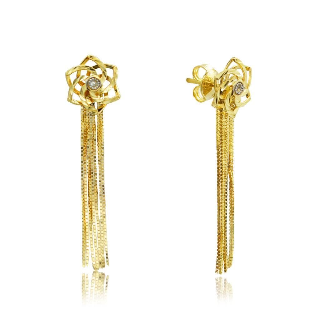 Brinco Flor Franja 3,5Cm Em Ouro 18K