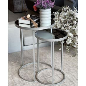 Conjunto De Mesa Canto Lateral Dupla Sala Prata Com Espelho