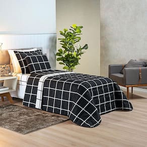 Colcha Cama Solteiro 2 Peças Geométrico 200 Fios Preto