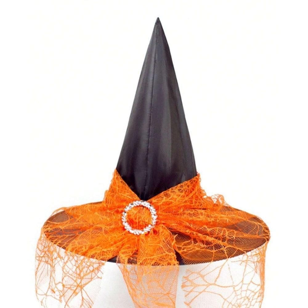 Chapéu De Bruxa Cloe Com Véu Laranja Halloween Fantasia