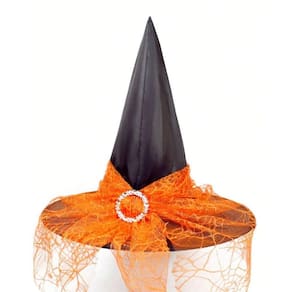 Chapéu De Bruxa Cloe Com Véu Laranja Halloween Fantasia
