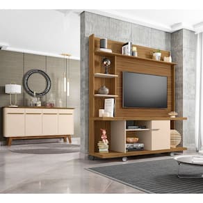 Conjunto Home Taurus para Tv até 47 Polegadas e Buffet Opala Pés de Madeira Móveis Bechara Cinamomo/Off-White/Ripado
