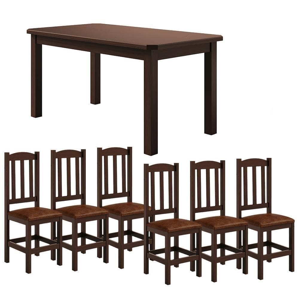 Mesa 6 Cadeiras Com Estofado Corino Marrom Castanho - Marrom