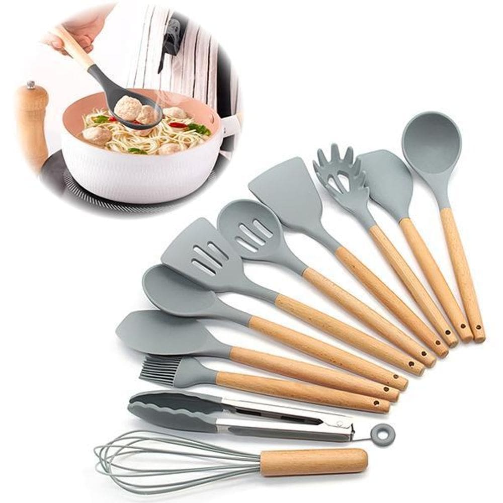 Kit 12 Peças Jogo De Cozinha Utensílios De Silícone Cinza