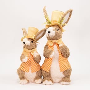 Dupla Coelho da Páscoa Laranja com Chapéu e Flores Enfeite