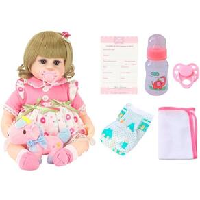 Boneca Bebê Reborn Loira Vestido De Bolinhas E Acessórios