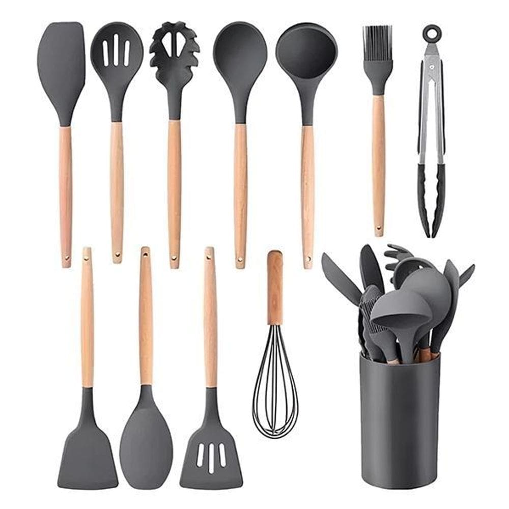 Kit 12 Utensílios De Cozinha Peças De Silicone Madeira Cinza