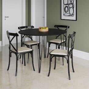 Mesa com 4 Cadeiras Katrina Preta Elen Hairpin 110cm Jantar Preta com Ferro Preto