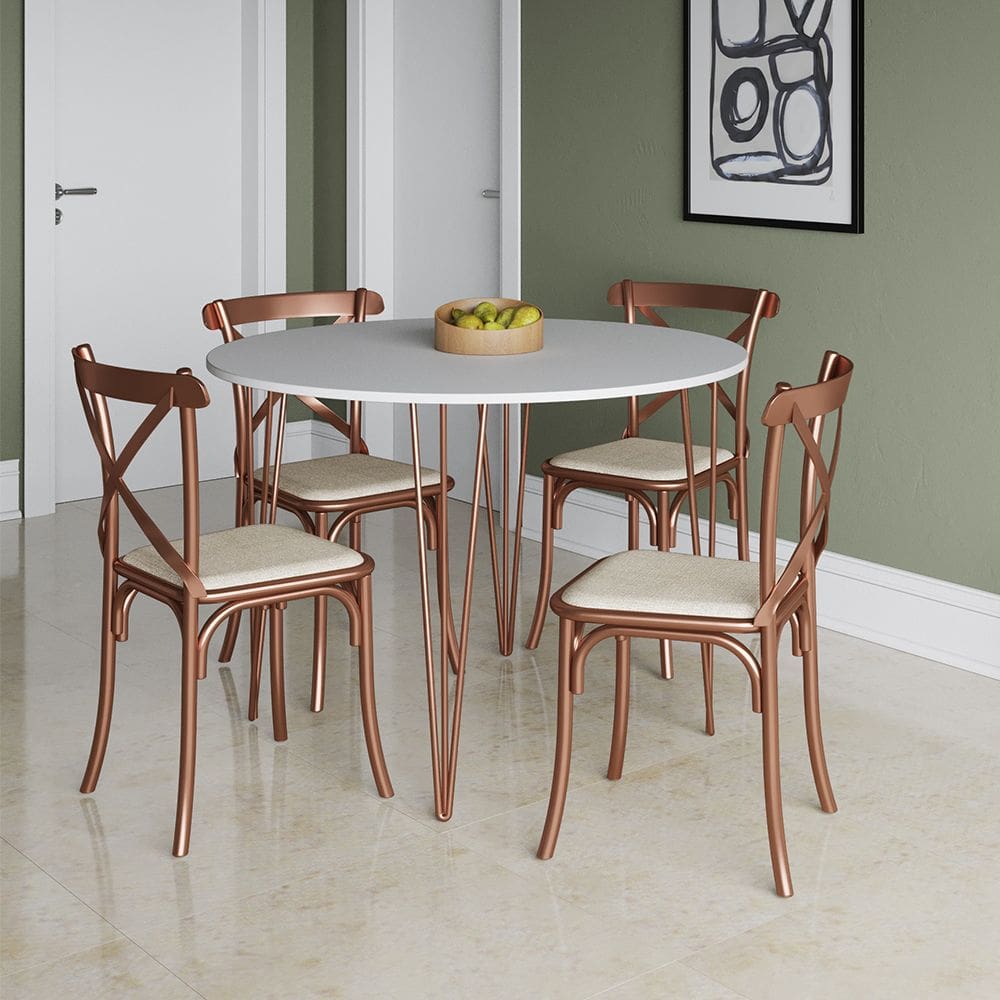 Mesa Jantar Redonda Branca Elen 110cm Hairpin com 4 Cadeiras Katrina Cobre
