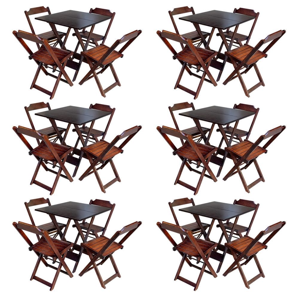 Kit 6 Jogos de Mesa com 4 Cadeiras de Madeira Dobravel 70x70 Ideal para Bar e Restaurante - Imbuia