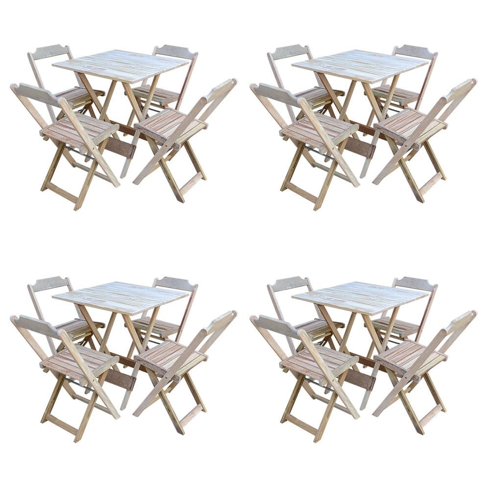Kit 4 Conjuntos de Mesa com 4 Cadeiras de Madeira Dobravel 70x70 sem Pintura/crua