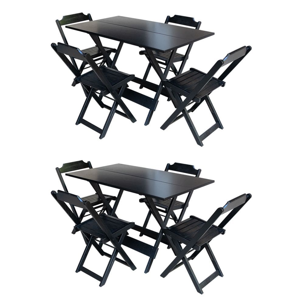 Kit 2 Jogos de Mesa com 4 Cadeiras de Madeira Dobravel 120x70 para Bar e Restaurante - Preto