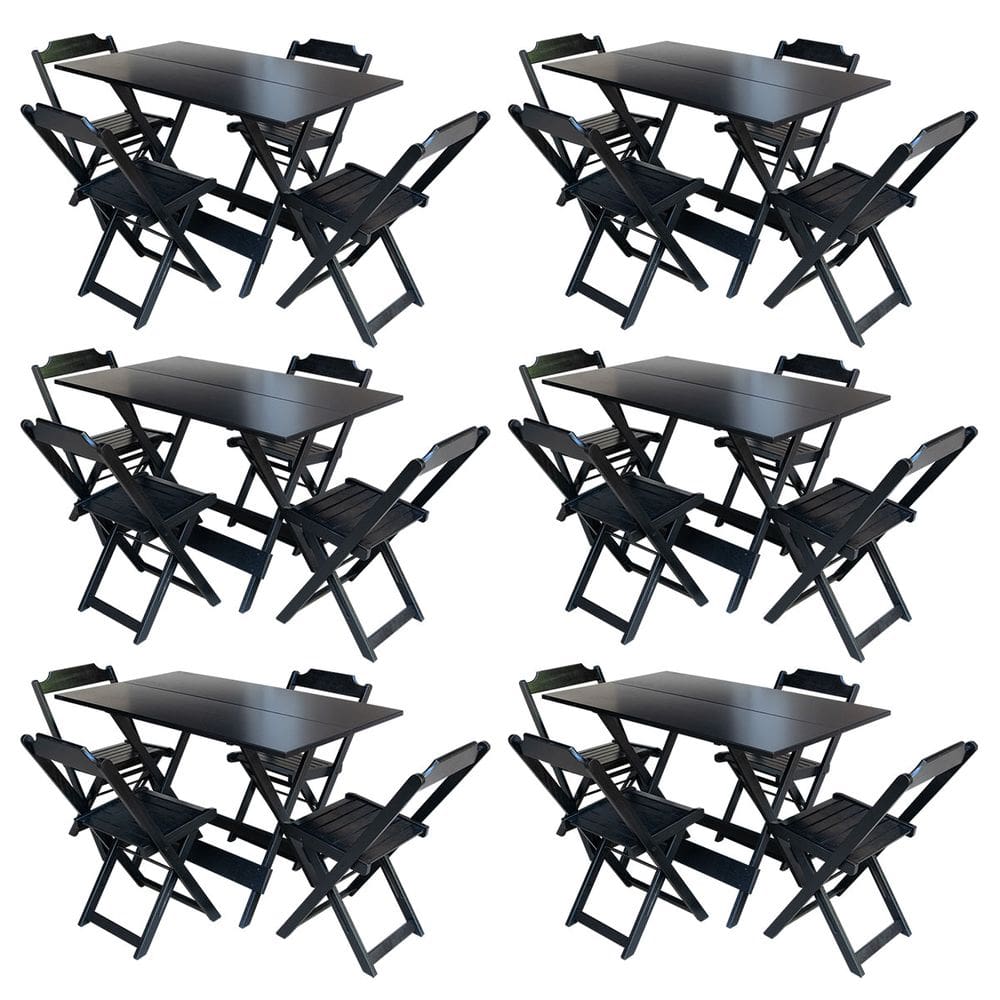 Kit 6 Conjuntos de Mesa com 4 Cadeiras de Madeira Dobravel 120x70 Preto